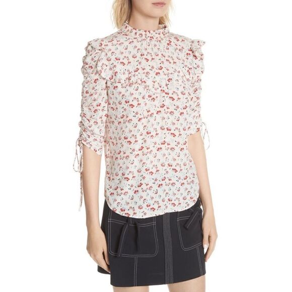 Veronica Beard Howell Floral-print Silk Ruffle‎ Top In White Blouse 4 $395 - Picture 2 of 14